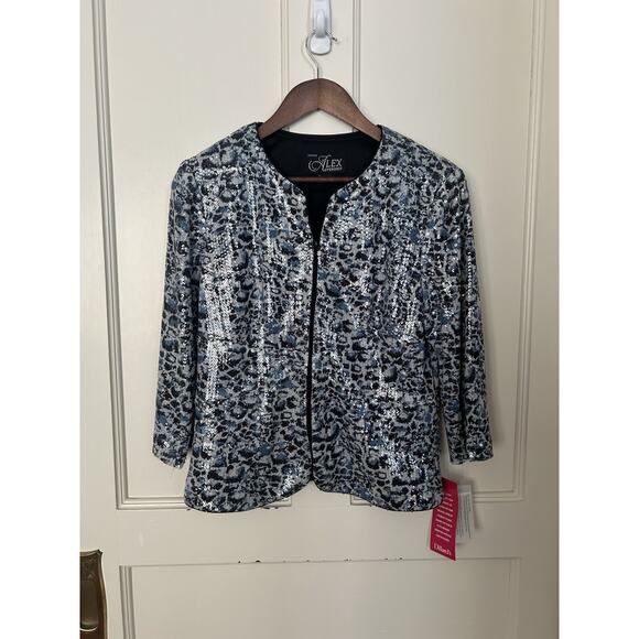Alex Evenings Sequin Animal Print Full Zip Blazer Womens Size LP Black Blue NWT - Picture 1 of 8
